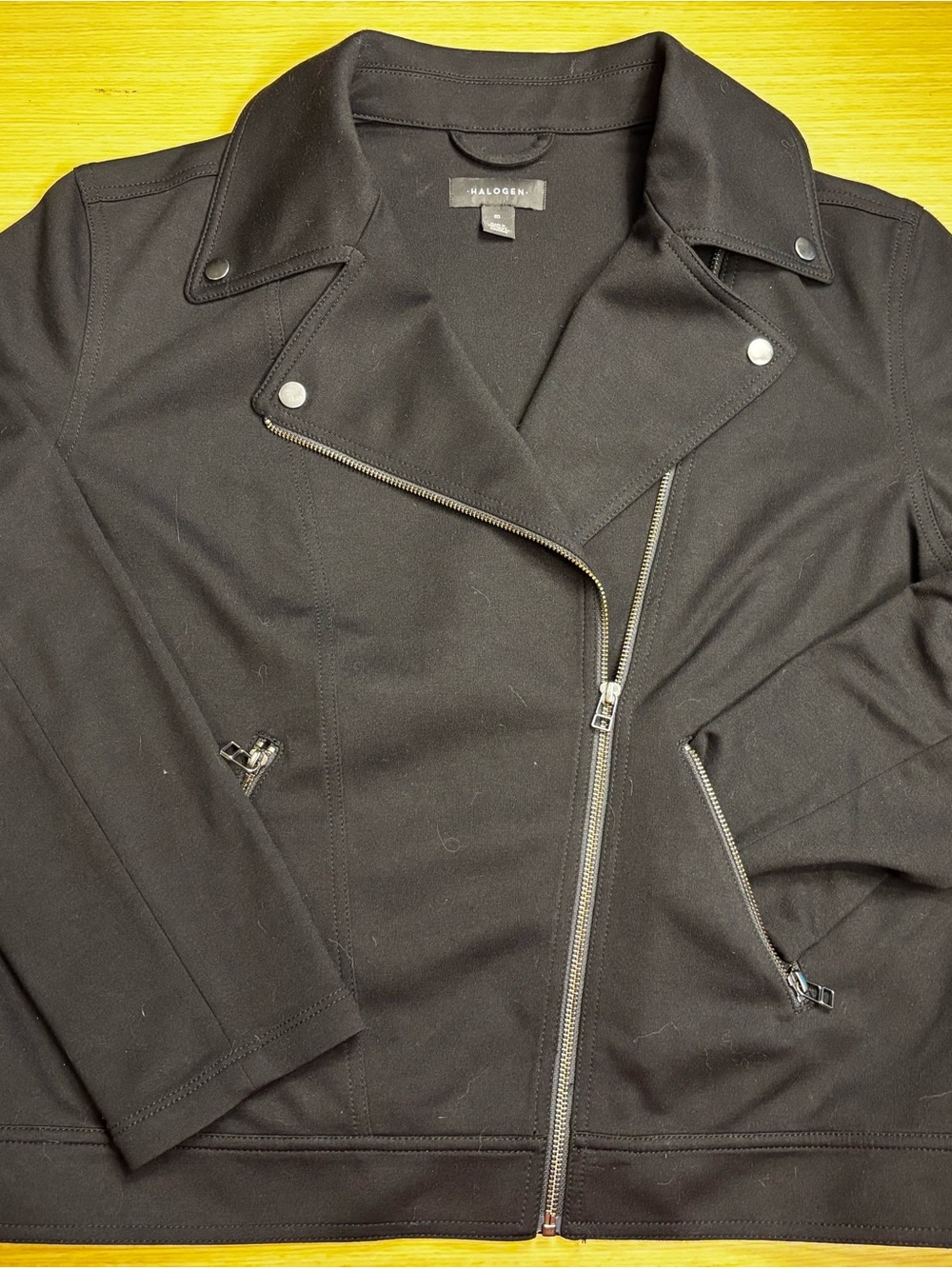 HALOGEN Nordstrom Black Asymmetrical Knit Moto Biker Jacket Silver Hardware Sz M